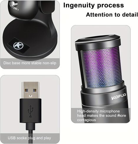 KOPUO RGB USB Gaming/Podcast Computer Microphone, Condenser Desktop Singing PC Mic, Dynamic Heart-Shaped Directional Mics for Radio/Vocal/Voice/PS4/PS5/Mac/YouTube/Live Streaming/Media/Recording in Kuwait