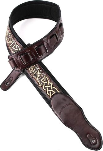 Walker & Williams KB-05-BRN Dark Walnut Full Grain Center Block Carving Leather Padded Guitar Strap With Aged White Celtic Chain in Saudi Arabia