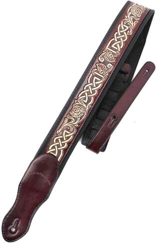 Walker & Williams KB-05-BRN Dark Walnut Full Grain Center Block Carving Leather Padded Guitar Strap With Aged White Celtic Chain in Saudi Arabia