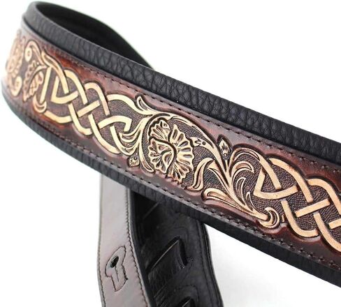 Walker & Williams KB-05-BRN Dark Walnut Full Grain Center Block Carving Leather Padded Guitar Strap With Aged White Celtic Chain in Saudi Arabia