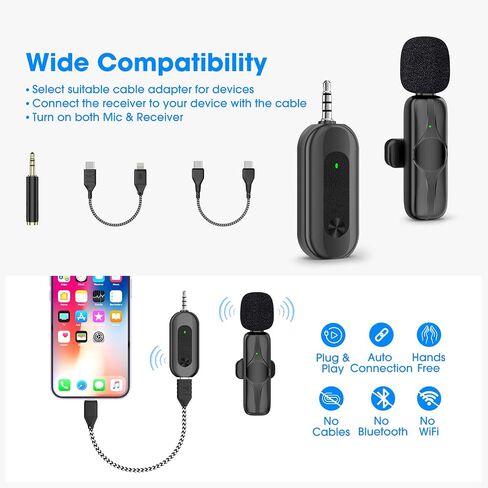 ميكروفون ZMOTG اللاسلكي Lavalier، ميكروفون على شكل طية صدر السترة لهاتف iPhone/Android/الكاميرا/الكمبيوتر الشخصي، ميكروفون صغير بمشبك مع 3 محولات كابل لتسجيل الفيديو، YouTube، TikTok، مدونات الفيديو، المقابلات، والبث المباشر in Kuwait