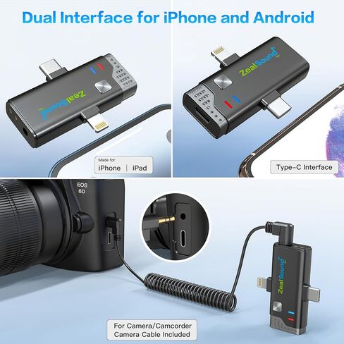 ميكروفون ZealSound اللاسلكي لأجهزة iPhone وiPad وAndroid Phone، قطعتان من مشبك طية صدر السترة على ميكروفون لتسجيل الفيديو والتوصيل والتشغيل، ميكروفون إلغاء الضوضاء للمقابلة Podcast YouTube TikTok in Kuwait
