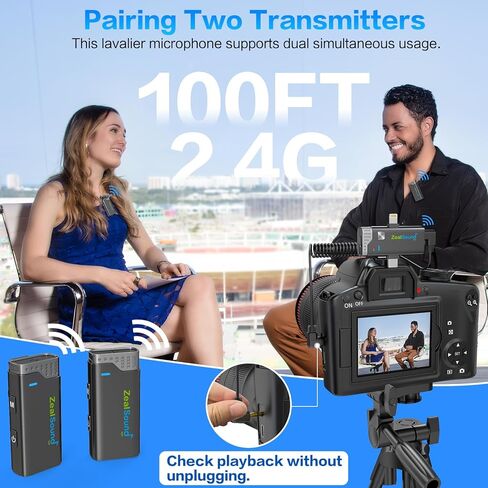 ميكروفون ZealSound اللاسلكي لأجهزة iPhone وiPad وAndroid Phone، قطعتان من مشبك طية صدر السترة على ميكروفون لتسجيل الفيديو والتوصيل والتشغيل، ميكروفون إلغاء الضوضاء للمقابلة Podcast YouTube TikTok in Kuwait