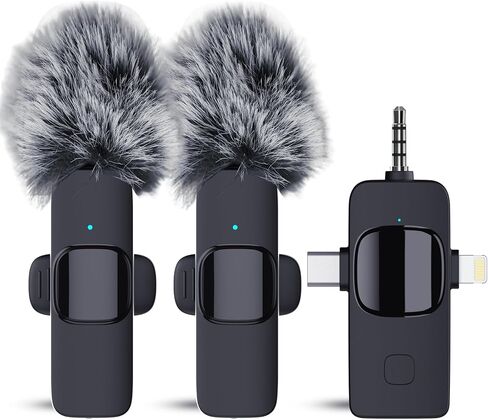 HITROLINK Wireless Lavalier Microphone for iPhone Android Camera with Furry Windproof Covers, Dual Lavalier Microphone for Interviews, Live Streaming, YouTube, TikTok, Plug-Play, 3-in-1 Receiver in Kuwait