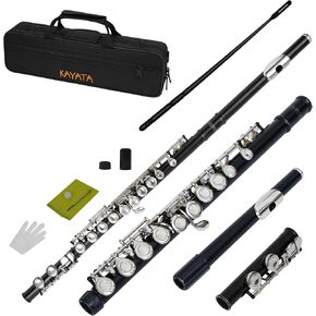 Flute -Flute with Closed Hole 16 Keys,C Flute for Student,Beginner. Flute Instrument with Cleaning cloth, Carrying Case, Gloves, Tuning Rod, Nickel Plated Flute (Black)