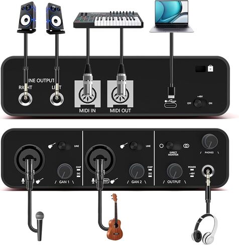 واجهة الصوت Dacimora 2i2 USB مع طاقة فانتوم 48 فولت 24 بت/192 كيلو هرتز التوصيل والتشغيل لتسجيل البث الصوتي وتسجيل الأغاني وتدفق واجهة الصوت XLR in Kuwait
