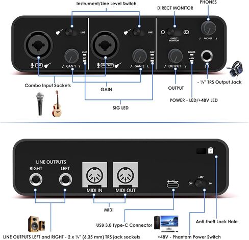 واجهة الصوت Dacimora 2i2 USB مع طاقة فانتوم 48 فولت 24 بت/192 كيلو هرتز التوصيل والتشغيل لتسجيل البث الصوتي وتسجيل الأغاني وتدفق واجهة الصوت XLR in Kuwait