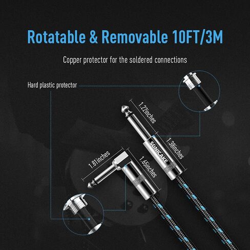 SONICAKE Guitar Cable 10ft Amp Cord for Guitar Bass Electric Guitar Instrument Electric Mandolin Amplifier Audio 1/4 Right Angle to Straight Black (Black 3m ST-RA) in Kuwait