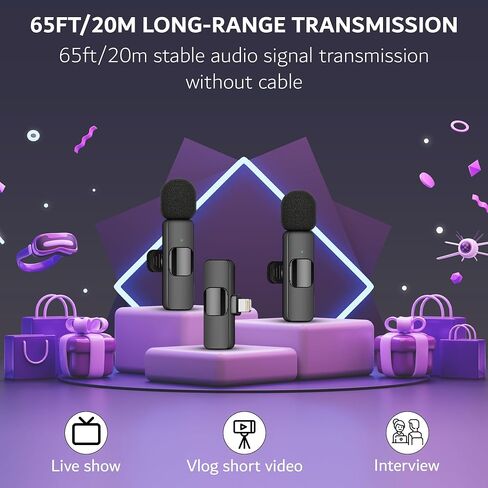 ميكروفونات 1217 Technologies H1 اللاسلكية لأجهزة iPhone وiPad - للتسجيل والبث واليوتيوب وTikTok والبودكاست. تقليل الضوضاء، القضاء على التداخل، نطاق 65 قدم in Kuwait