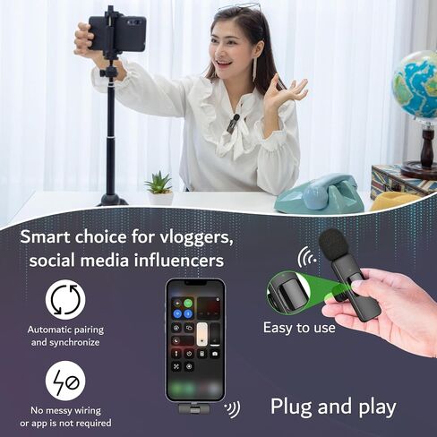 ميكروفونات 1217 Technologies H1 اللاسلكية لأجهزة iPhone وiPad - للتسجيل والبث واليوتيوب وTikTok والبودكاست. تقليل الضوضاء، القضاء على التداخل، نطاق 65 قدم in Kuwait