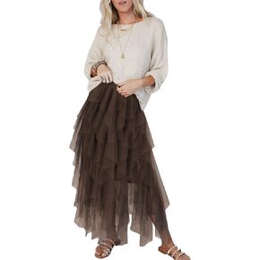 miduo Womens Fashion Casual High Waist Elastic Waist Tutu Ruffle Tiered Tulle Midi Skirts A Line Skirts