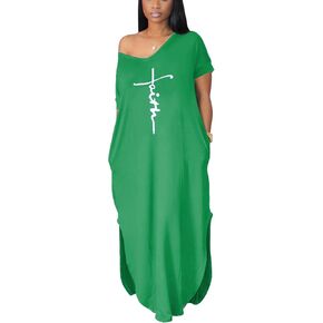 Women's Summer Casual Short Sleeve V Neck Tshirt Long Dress Loose Side Split Beach Maxi Dresses with Pocket
