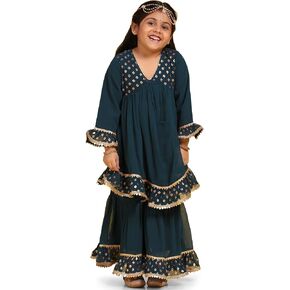 AJ DEZINES Kids Blue Georgette Printed Anarkali Kurta Sharara Set For Girls in Kuwait