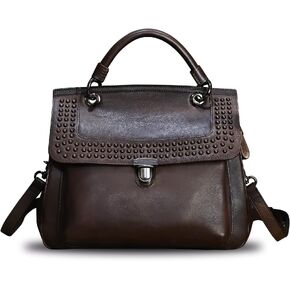 Genuine Leather Satchel Purse for Women Retro Handmade Top Handle Handbag Rivet Style Crossbody Bag