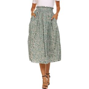 Naggoo Women's Skirts High Elastic Waisted Casual Skirt Pleated Floral/Solid Midi Skirts with Pockets in Saudi Arabia