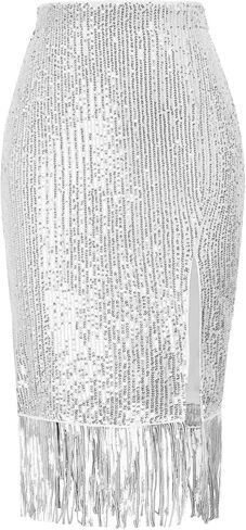 Kate Kasin Women's Sequin Skirt Fringe Hem Split Pencil Bodycon Midi Pencil Skirts Party Cocktail in Saudi Arabia