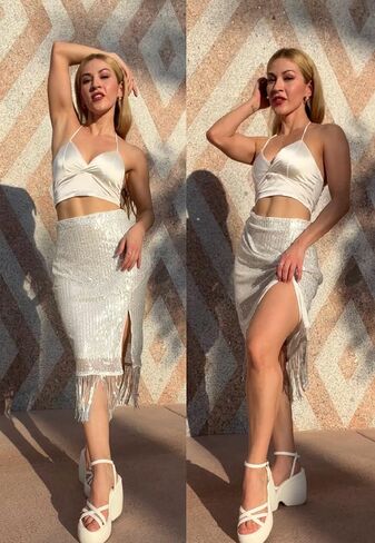 Kate Kasin Women's Sequin Skirt Fringe Hem Split Pencil Bodycon Midi Pencil Skirts Party Cocktail in Saudi Arabia