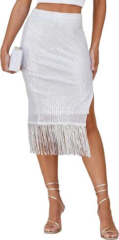 Kate Kasin Women's Sequin Skirt Fringe Hem Split Pencil Bodycon Midi Pencil Skirts Party Cocktail in Saudi Arabia