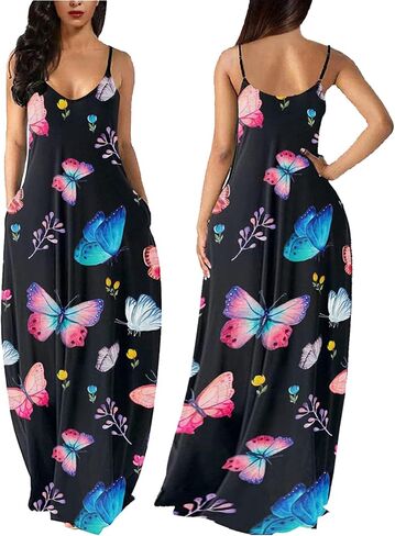 فستان صيفي طويل من ZonJie بمقاس كبير للنساء فستان شاطئ أفريقي فضفاض ومطبوع وقابل للتعديل مع جيوب in Kuwait