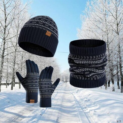 JTJFIT قبعة صغيرة متماسكة للشتاء وشاح وقفازات شاشة تعمل باللمس مجموعة لتدفئة الرقبة مع بطانة من الصوف المحبوك للرجال والنساء in Kuwait