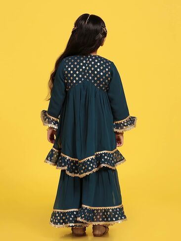 ايه جي ديزاينز طقم كورتا شرارة أناركالي مطبوع جورجيت أزرق للبنات in Kuwait