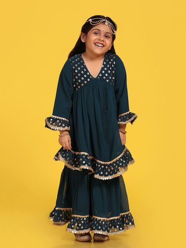ايه جي ديزاينز طقم كورتا شرارة أناركالي مطبوع جورجيت أزرق للبنات in Kuwait