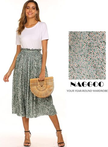 تنانير Naggoo النسائية تنورة صيفية غير رسمية بخصر عالي المرونة ومطويات زهرية/تنانير متوسطة الطول مع جيوب in Kuwait
