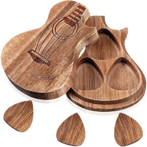 Guitar Pick Box Holder with 3 Pcs Wooden Guitar Picks, Wooden Collector Engraved Guitar Pick Box Classical Triangle Guitar Picks for Present Music Instrument Guitar Bass