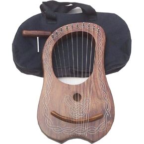 Traditional Irish Lyre Harp 10 Metal String Natural Finish String Set Celtic piping Design tuning key, Carrying Bag (Natural Piping) in Kuwait