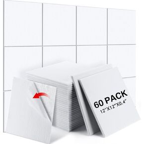 60 PCS Acoustic Panels 12 x 12 x 0.4 Inch Square Sound Absorbing Board Self Adhesive Soundproof Wall Panels Sound Proof Polyester Tiles for Home Studio Rooms Noise Canceling Reduction (White)