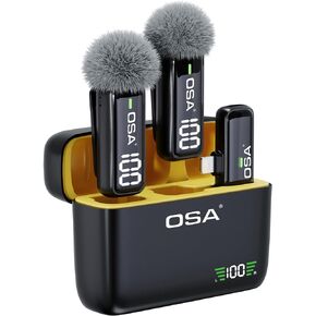 OSA 2Pcs Wireless Lavalier Microphone for iPhone iPad with Charging Charging Case and Transmitter Digital Display, 36H Clip on Lapel Microphone Wireless for Video Recording (Lightning)
