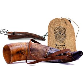 NORSE EMPIRE Viking Blowing Horn with Horn Whistle - Handcrafted Ox Horn Bugle - Loud Sound - Norse Cosplay, Festivals, Ceremonies - Medieval Horn Instrument - Unique Gift