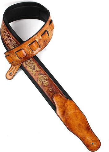 Walker And Williams GB-23 Handmade Vintage Finish Latigo Tan Padded Guitar Strap with Fleur De Lis & French Chain Design For Acoustic, Electric, And Bass Guitars in Saudi Arabia