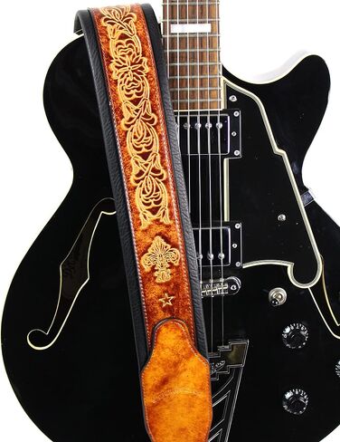 Walker And Williams GB-23 Handmade Vintage Finish Latigo Tan Padded Guitar Strap with Fleur De Lis & French Chain Design For Acoustic, Electric, And Bass Guitars in Saudi Arabia