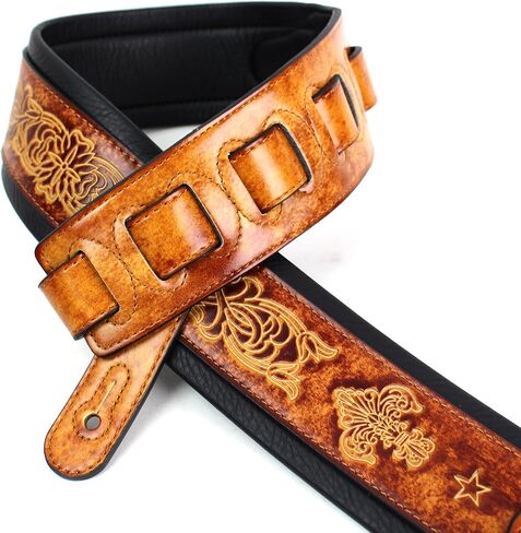 Walker And Williams GB-23 Handmade Vintage Finish Latigo Tan Padded Guitar Strap with Fleur De Lis & French Chain Design For Acoustic, Electric, And Bass Guitars in Saudi Arabia