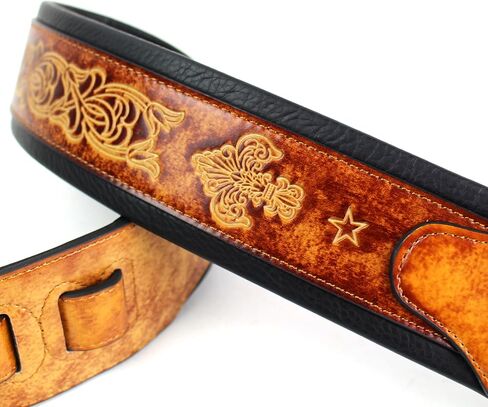 Walker And Williams GB-23 Handmade Vintage Finish Latigo Tan Padded Guitar Strap with Fleur De Lis & French Chain Design For Acoustic, Electric, And Bass Guitars in Saudi Arabia