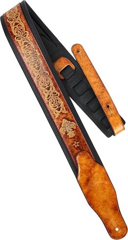 Walker And Williams GB-23 Handmade Vintage Finish Latigo Tan Padded Guitar Strap with Fleur De Lis & French Chain Design For Acoustic, Electric, And Bass Guitars in Saudi Arabia