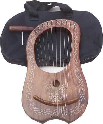 Traditional Irish Lyre Harp 10 Metal String Natural Finish String Set Celtic piping Design tuning key, Carrying Bag (Natural Piping) in Kuwait