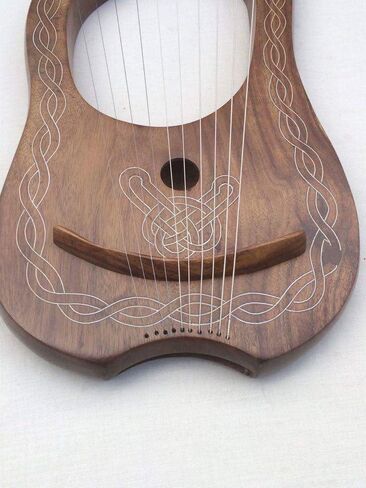 Traditional Irish Lyre Harp 10 Metal String Natural Finish String Set Celtic piping Design tuning key, Carrying Bag (Natural Piping) in Kuwait