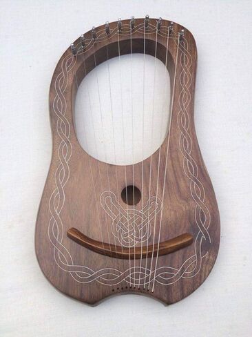 Traditional Irish Lyre Harp 10 Metal String Natural Finish String Set Celtic piping Design tuning key, Carrying Bag (Natural Piping) in Kuwait
