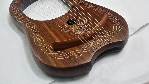 Traditional Irish Lyre Harp 10 Metal String Natural Finish String Set Celtic piping Design tuning key, Carrying Bag (Natural Piping) in Kuwait