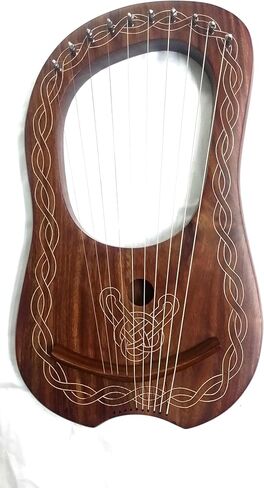 Traditional Irish Lyre Harp 10 Metal String Natural Finish String Set Celtic piping Design tuning key, Carrying Bag (Natural Piping) in Kuwait