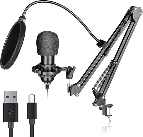 USB Condenser Microphone, Plug & Play Professional Cardioid Studio Mic Kit Shock Mount,Pop Filter and Adjustable Boom Arm for Recording Gaming Streaming YouTube Podcast Skype Voice Over Broadcasting in Saudi Arabia