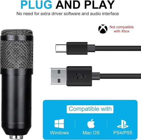 USB Condenser Microphone, Plug & Play Professional Cardioid Studio Mic Kit Shock Mount,Pop Filter and Adjustable Boom Arm for Recording Gaming Streaming YouTube Podcast Skype Voice Over Broadcasting in Saudi Arabia