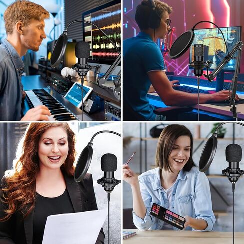 USB Condenser Microphone, Plug & Play Professional Cardioid Studio Mic Kit Shock Mount,Pop Filter and Adjustable Boom Arm for Recording Gaming Streaming YouTube Podcast Skype Voice Over Broadcasting in Saudi Arabia