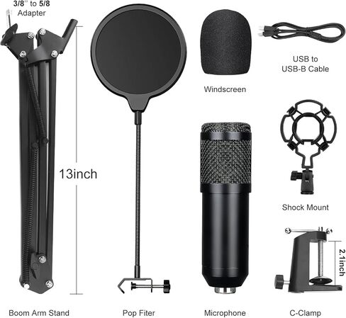 USB Condenser Microphone, Plug & Play Professional Cardioid Studio Mic Kit Shock Mount,Pop Filter and Adjustable Boom Arm for Recording Gaming Streaming YouTube Podcast Skype Voice Over Broadcasting in Saudi Arabia
