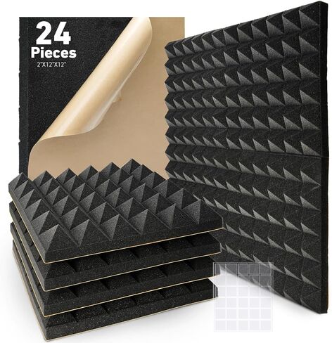 24 قطعة جميلة من الألواح الإسفنجية المقاومة للصوت للجدران، 30.48 سم × 30.48 سم × 5.08 سم، ألواح صوتية عالية الكثافة ومقاومة للحريق، ألواح ذاتية اللصق عازلة للصوت لاستوديو تسجيل المكاتب المنزلية in Kuwait