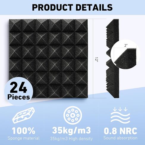 24 قطعة جميلة من الألواح الإسفنجية المقاومة للصوت للجدران، 30.48 سم × 30.48 سم × 5.08 سم، ألواح صوتية عالية الكثافة ومقاومة للحريق، ألواح ذاتية اللصق عازلة للصوت لاستوديو تسجيل المكاتب المنزلية in Kuwait