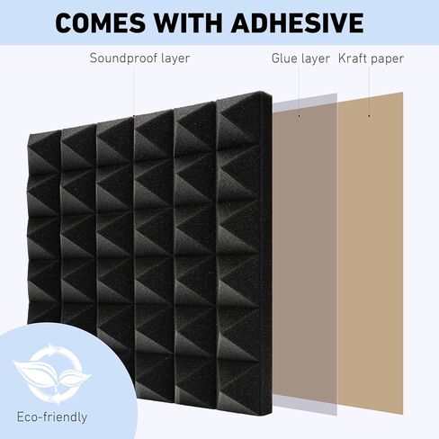 24 قطعة جميلة من الألواح الإسفنجية المقاومة للصوت للجدران، 30.48 سم × 30.48 سم × 5.08 سم، ألواح صوتية عالية الكثافة ومقاومة للحريق، ألواح ذاتية اللصق عازلة للصوت لاستوديو تسجيل المكاتب المنزلية in Kuwait