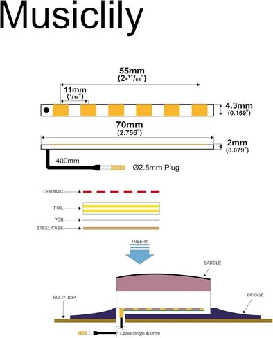 Artec PG637 محول بيزو سيراميك للجيتار الصوتي 6 و12 سلسلة، 55 ملم × 4.3 ملم in Kuwait